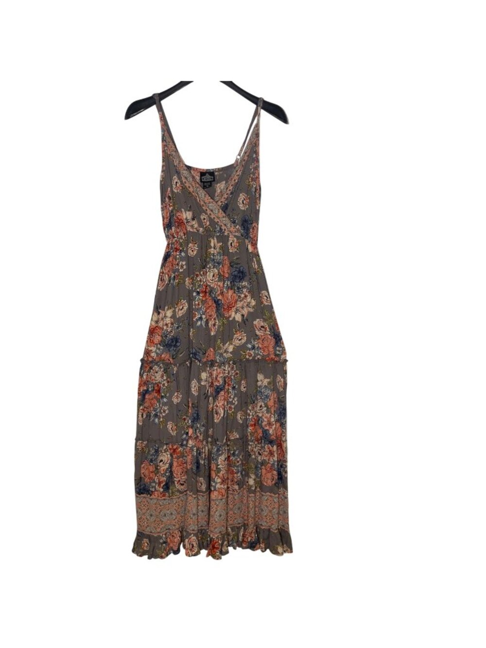 Angie Tiered Floral Ruffle Babydoll Maxi Dress Sz MED Boho Rayon Resort